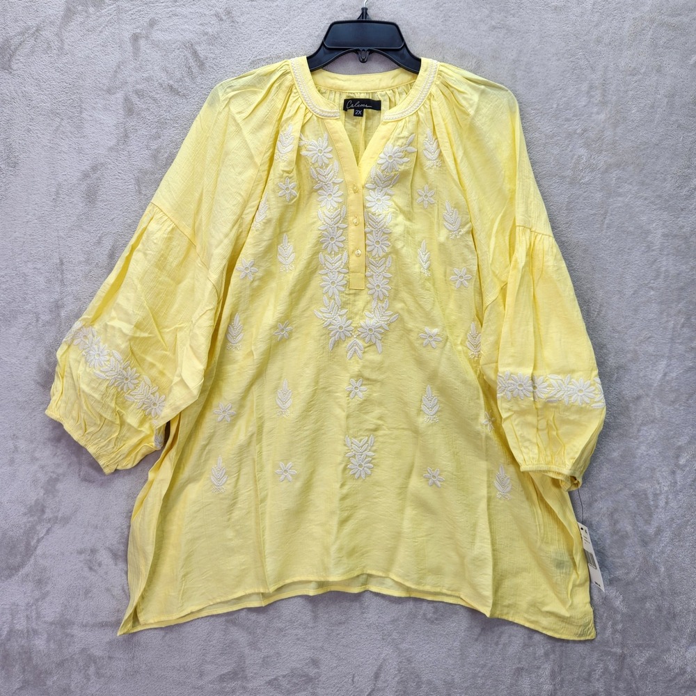 NWT Calessa Womens 3X Yellow Embroidered Tunic‎ Top V-Neck 3/4 Sleeve Light